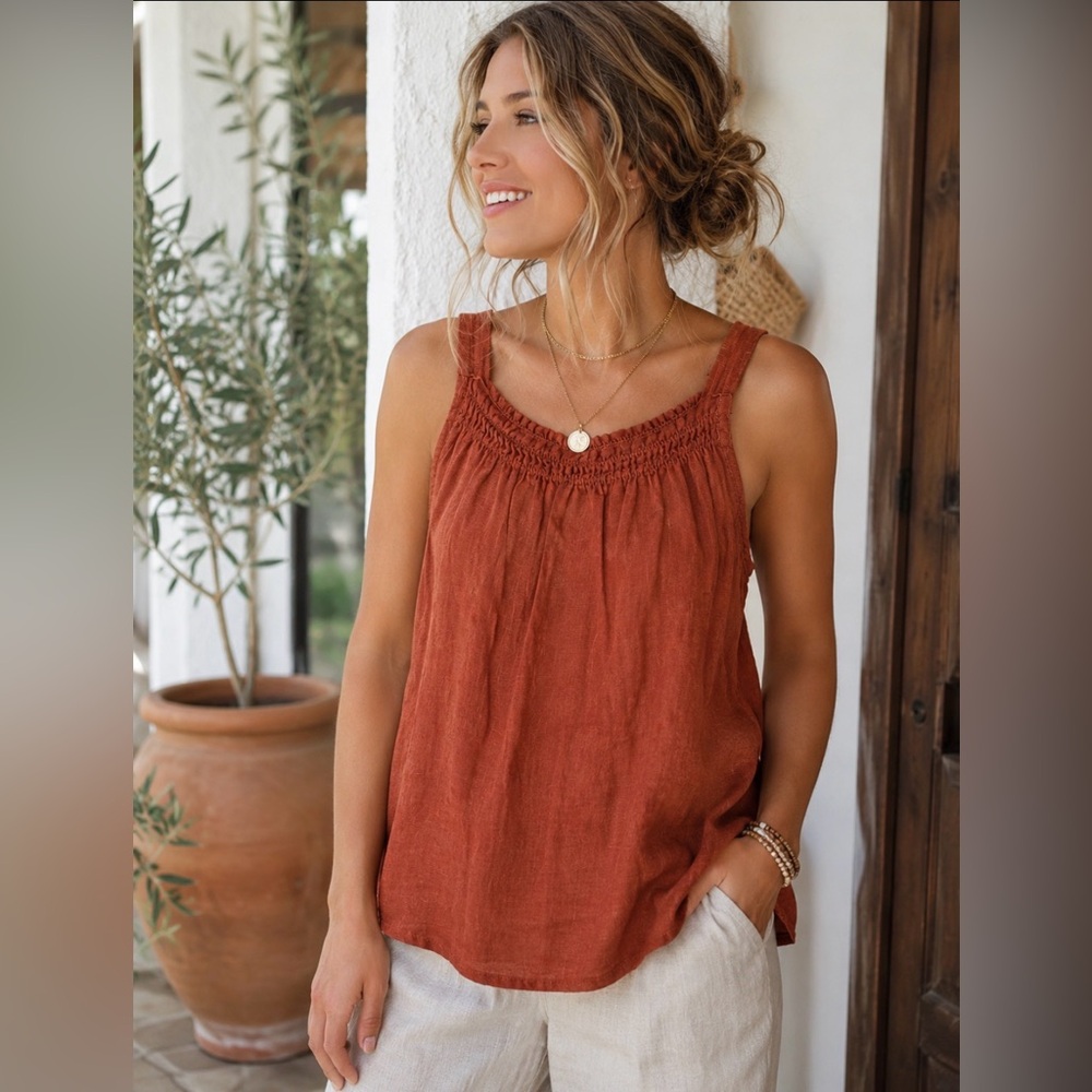 Cloth & Stone Top 100% Linen Smocked Flowy Rust Burnt Orange Medium Made USA